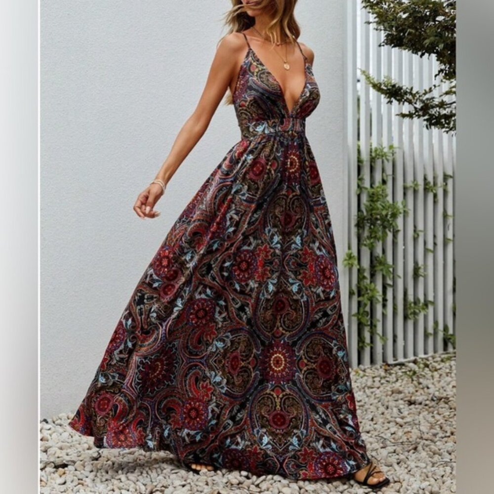 Plunging Neck Crisscross Backless Paisley Print Maxi Cami Dress